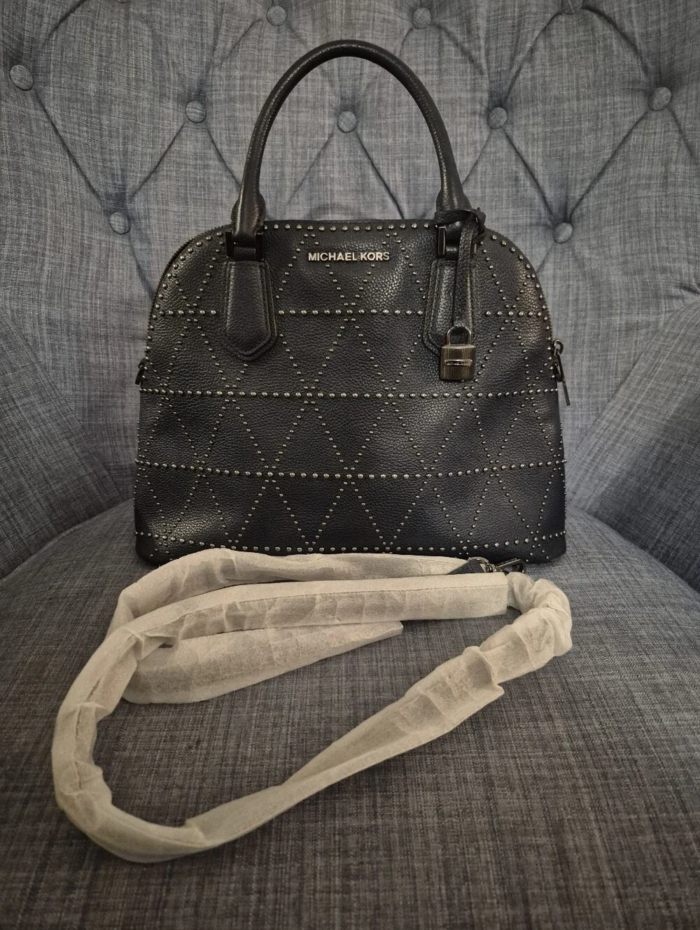 Michael Kors Blue Studded Satchel with Gold Hardware